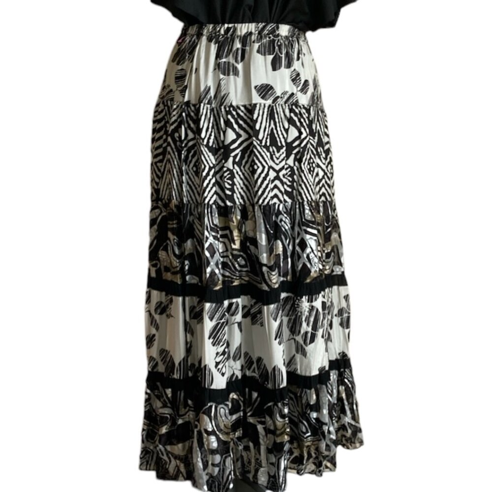 Chicos Sz 2 Black White Lined Sheer Silk Blend Tiered Maxi Skirt w/Elastic Waist